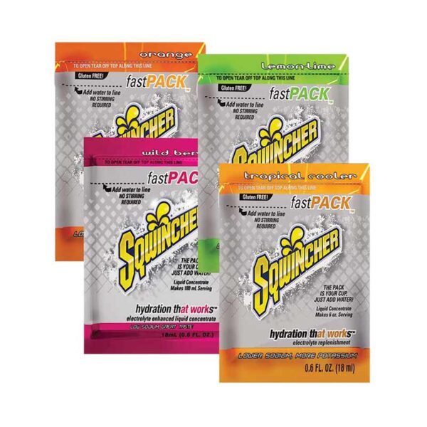 Range of Sqwincher Fast Pack flavours including orange, wild berry, lemon-lime, and tropical cooler.