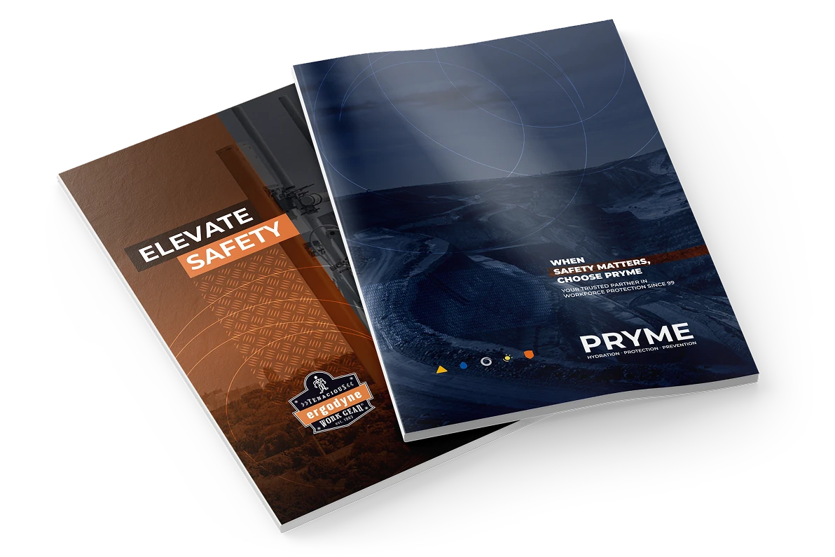 Two safety catalogues titled “Elevate Safety” and “When Safety Matters, Choose Pryme” featuring industrial protection gear.