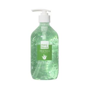 Front view of Maxiblock Aloe Vera Soothing Gel 500ml pump bottle for cooling and moisturising skin relief.