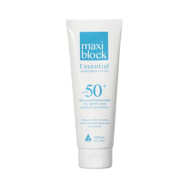 Front of Maxiblock Essential SPF 50+ sunscreen 100mL tube for sports and outdoor UV protection.