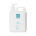 Front view of Maxiblock Essential SPF 50+ sunscreen lotion 1L pump bottle for sports and outdoor protection.