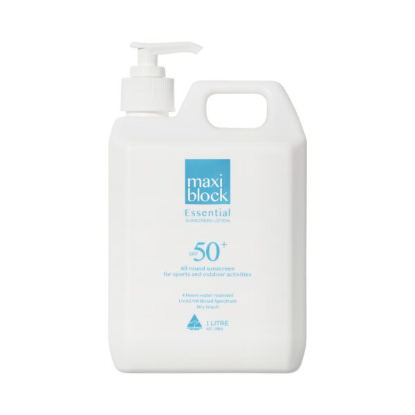 Front view of Maxiblock Essential SPF 50+ sunscreen lotion 1L pump bottle for sports and outdoor protection.