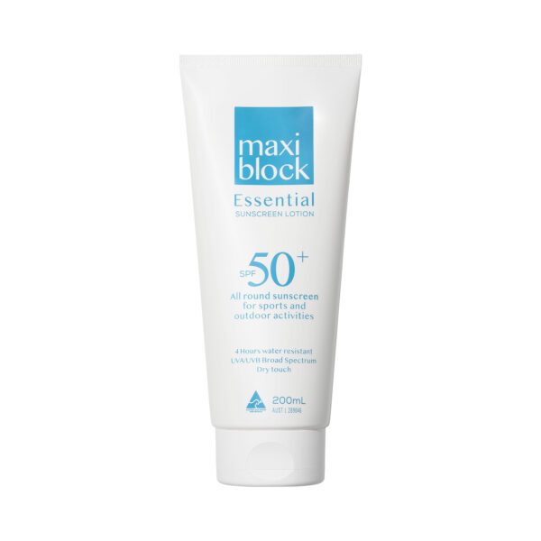 Front of Maxiblock Essential SPF 50+ sunscreen lotion 200mL tube for all-round UV protection.