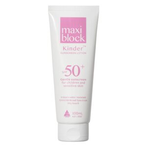 Maxiblock Kinder SPF50+ sunscreen lotion for children and sensitive skin in 100mL tube.