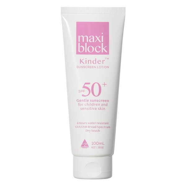 Maxiblock Kinder SPF50+ sunscreen lotion for children and sensitive skin in 100mL tube.
