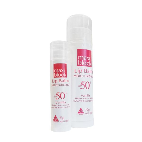 Maxiblock SPF 50+ vanilla lip balm sticks in 5g and 10g sizes for sun protection and hydration.