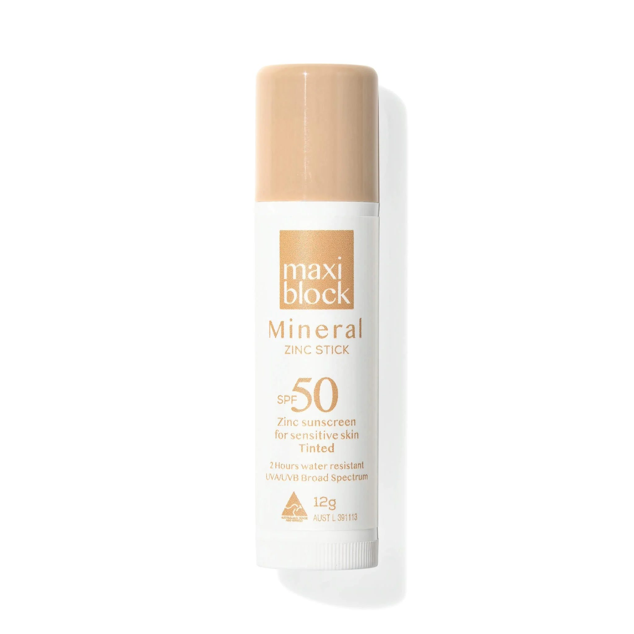 Maxiblock-Mineral-Zinc-Stick-Tinted-Lip-Balm.jpg Maxiblock Mineral Zinc Stick SPF 50 tinted zinc sunscreen stick for face protection.