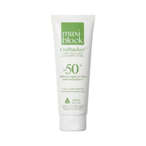 Maxiblock Outbacker SPF 50+ insect repellent sunscreen lotion tube for protection against sun and insects.