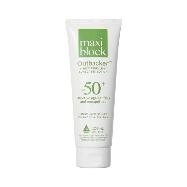 Maxiblock Outbacker SPF 50+ insect repellent sunscreen lotion tube for protection against sun and insects.