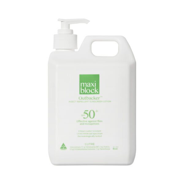 Studio image of Maxiblock Outbacker SPF 50+ insect repellent sunscreen lotion with handle and pump.