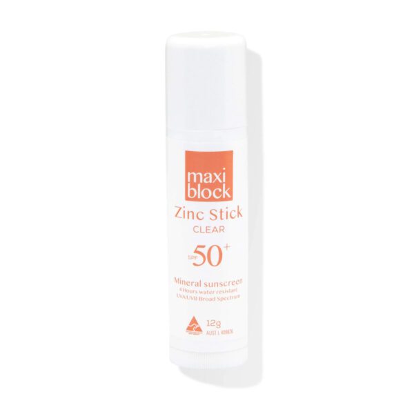 Maxiblock Zinc Stick Clear SPF 50+ mineral sunscreen for UV protection and sensitive skin.