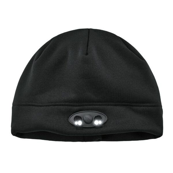 Black Ergodyne N-Ferno 6804 LED beanie hat with dual front LED lights and soft fleece construction.