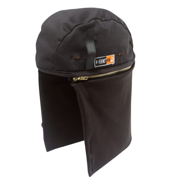 Ergodyne N-Ferno flame-resistant hard hat liner showing zippered cap and long neck coverage.