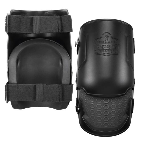 Front and back view of Ergodyne Proflex 360 black knee pads with dual straps and textured cap.