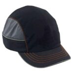 Side view of Ergodyne Skullerz 8950 black bump cap with orange stitching and breathable mesh panels.