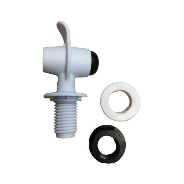 White Sqwincher replacement spigot tap with threaded design and washers for hydration cooler dispensers.