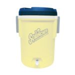 Yellow Sqwincher hydration cooler with blue lid and front spigot for dispensing electrolyte drinks.