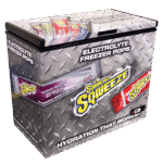 Sqwincher Sqweeze branded display freezer showing assorted electrolyte ice pops and logo graphics.