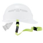 White hard hat with attached Ergodyne yellow elastic lanyard featuring secure buckle system.