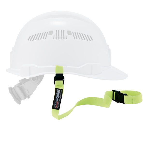 White hard hat with attached Ergodyne yellow elastic lanyard featuring secure buckle system.