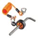 Worker securing a screwdriver with Ergodyne tool attachment and orange carabiner for drop prevention safety.