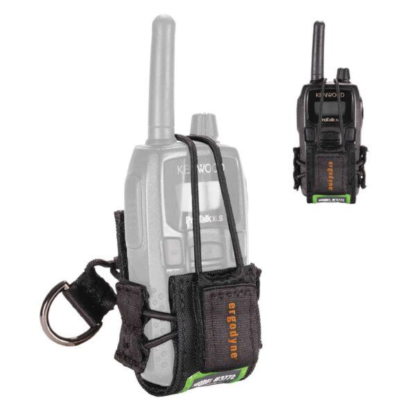 Ergodyne Squids radio holster with adjustable elastic bands and metal D-ring for securing various two-way radios.