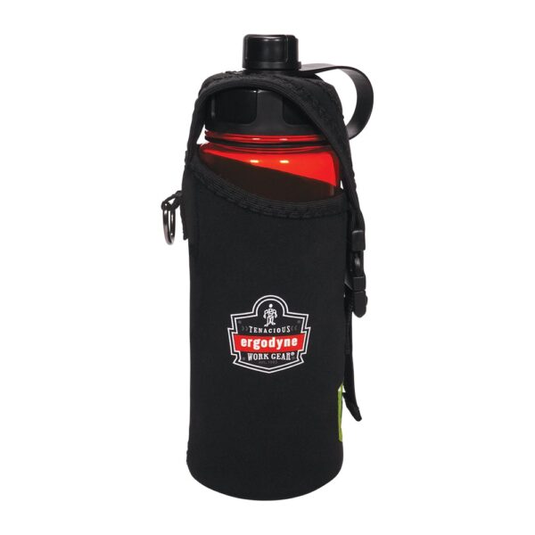 Ergodyne black neoprene bottle holder containing red reusable bottle.