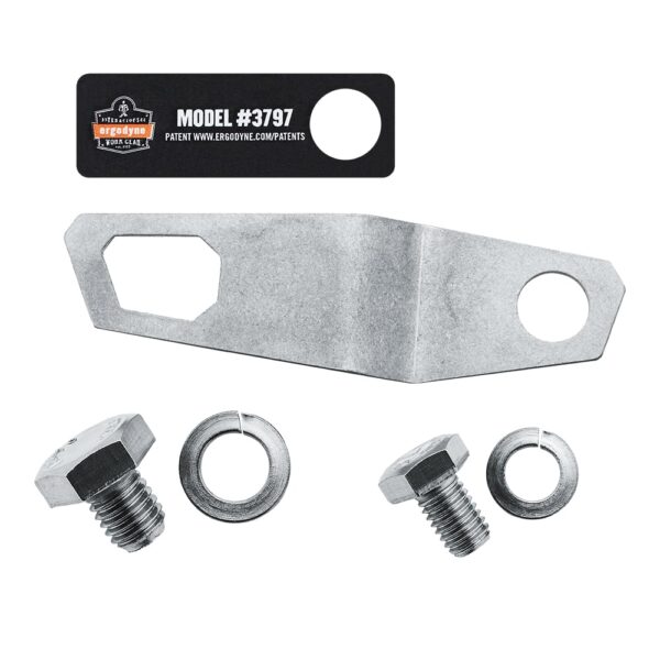 Ergodyne 3797 retrofit attachment kit including metal bracket, bolts, washers, and product label.