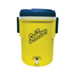 Bright yellow Sqwincher cooler jug with blue lid for dispensing mixed electrolyte drinks on worksites.