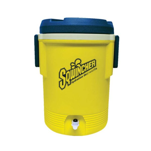 Bright yellow Sqwincher cooler jug with blue lid for dispensing mixed electrolyte drinks on worksites.