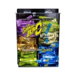 Sqwincher Zero retail display box containing mixed-flavour single-serve Qwik Stik sachets for hydration.