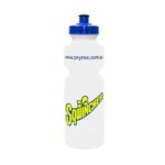 White Sqwincher sports water bottle with blue lid and logo for convenient hydration on the go.