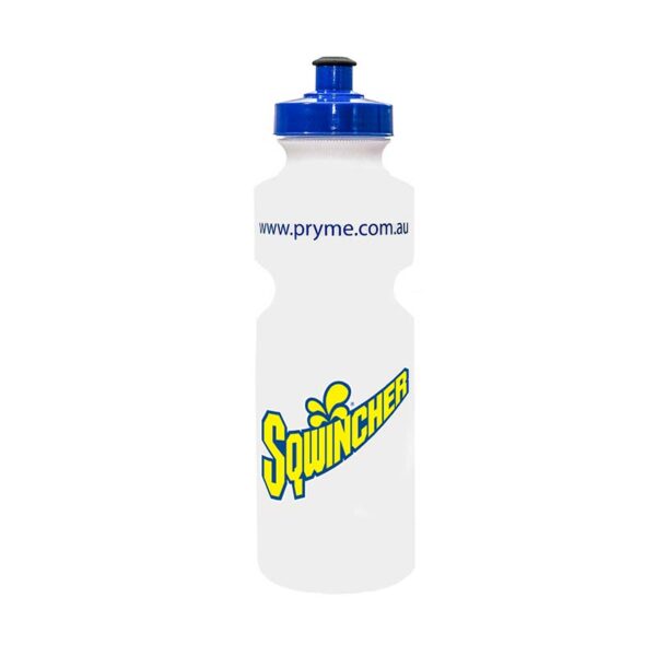 White Sqwincher sports water bottle with blue lid and logo for convenient hydration on the go.