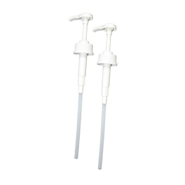 Pair of white Sqwincher dispensing pumps for use with electrolyte concentrate bottles or jugs.
