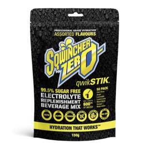 Sqwincher Zero Qwik Stik assorted flavour electrolyte mix bag showing hydration and low-calorie benefits.