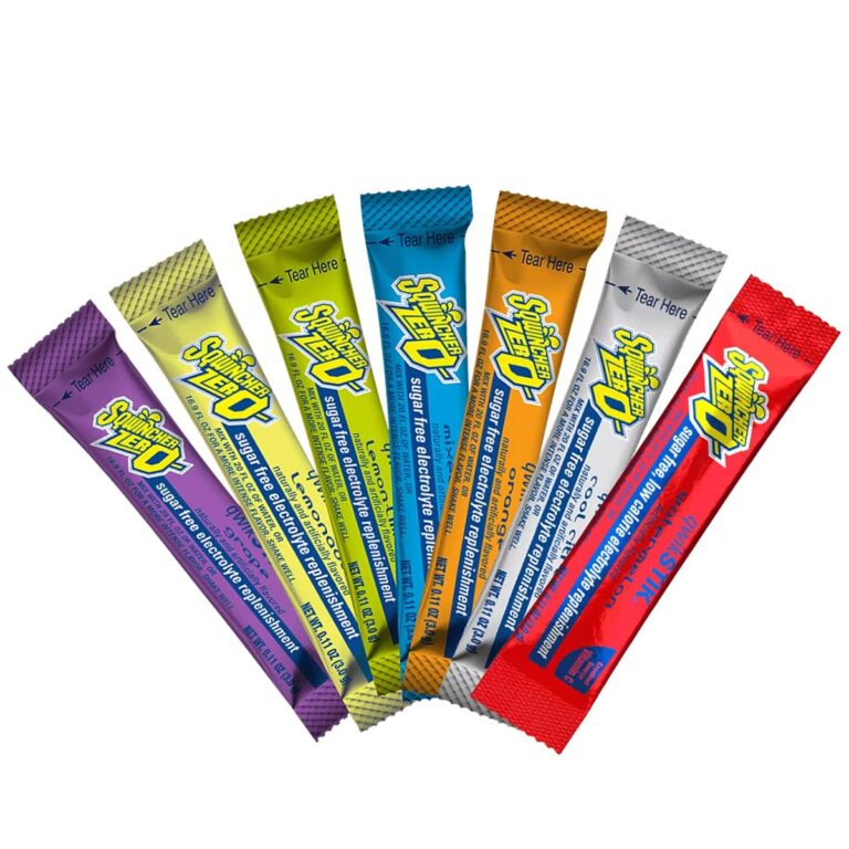Range of Sqwincher Zero Qwik Stik electrolyte drink mix sticks in assorted flavours and colours.