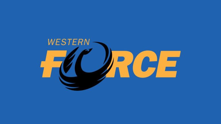 Western Force rugby team logo featuring stylised black swan on blue and gold background.