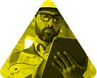 Worker in PPE reviewing safety data on tablet, stylised in Pryme yellow triangle overlay.