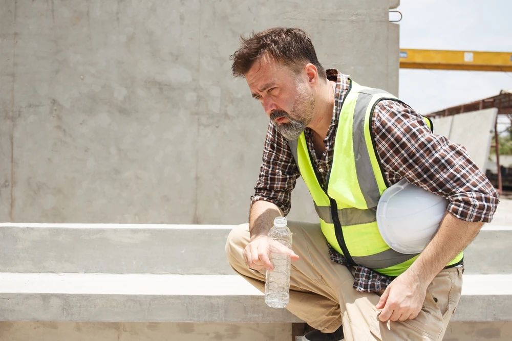 Construction worker wearing high-visibility vest and holding water bottle, showing fatigue and signs of heat stress on site.